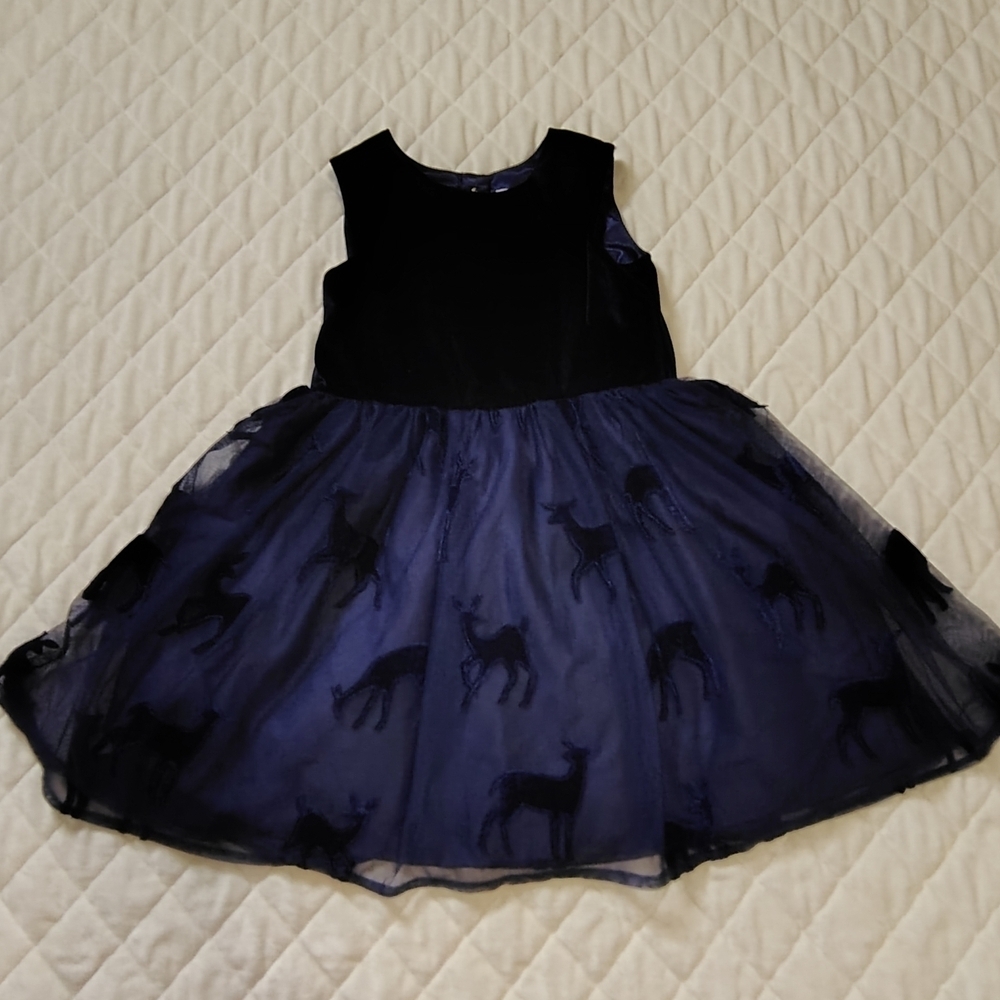 Cat & Jack navy blue velvet and tulle dress with a deer pattern - Picture 2 of 13